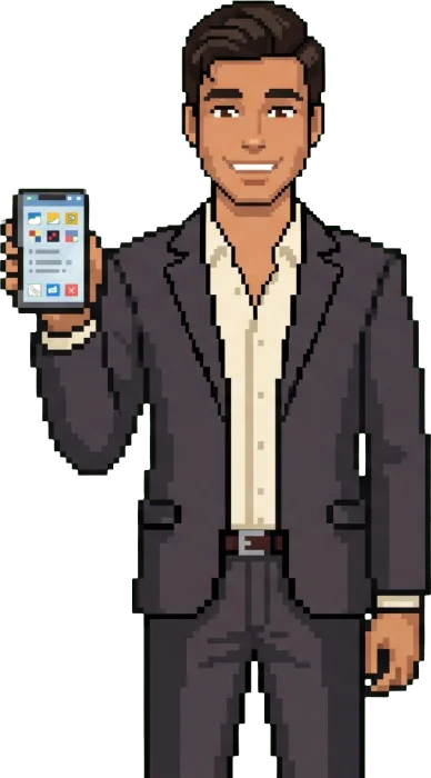 Pixel-art Haziq on his phone